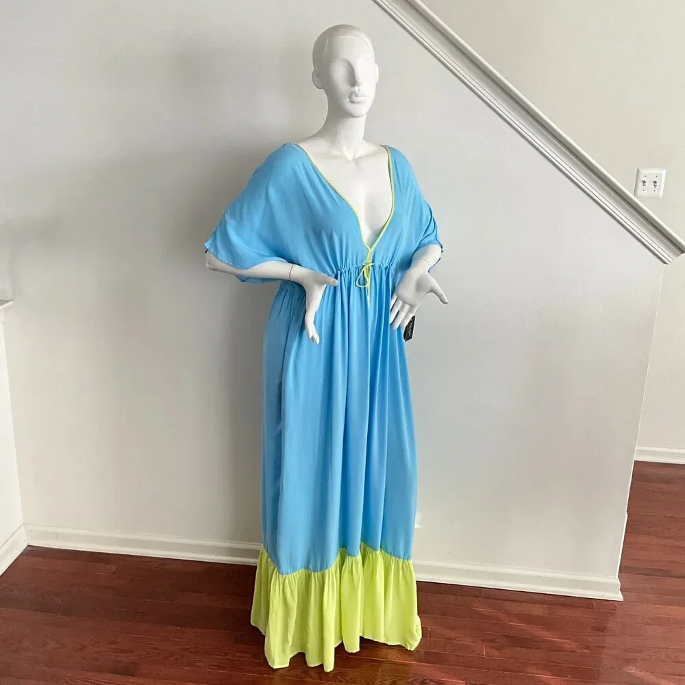 Kate Spade New York Midi Cover Up Tiered Dress Color Block Blue Green XL